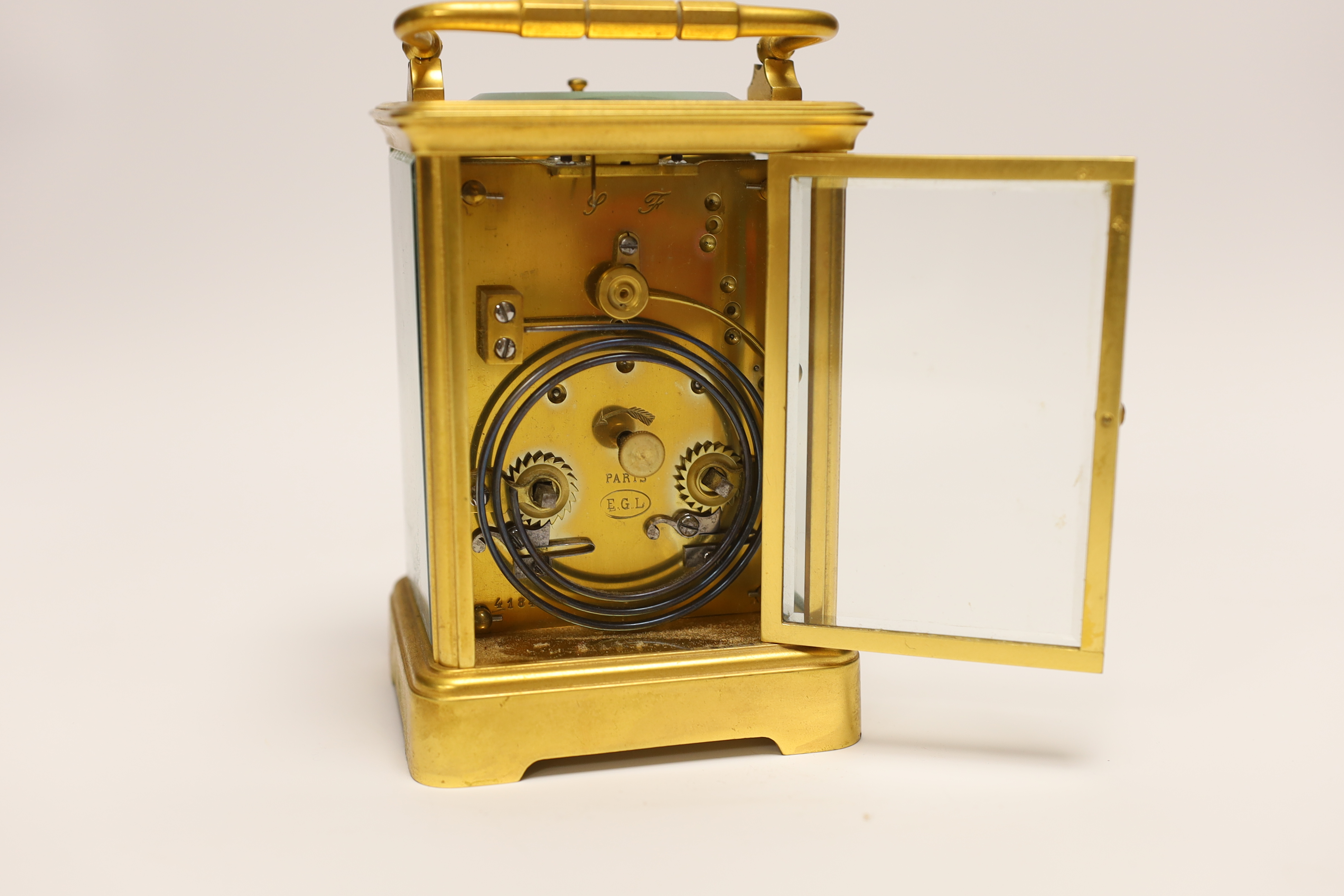 A gilt brass carriage clock with repeater, the dial inscribed Edward & Sons Glasgow, 18cm high